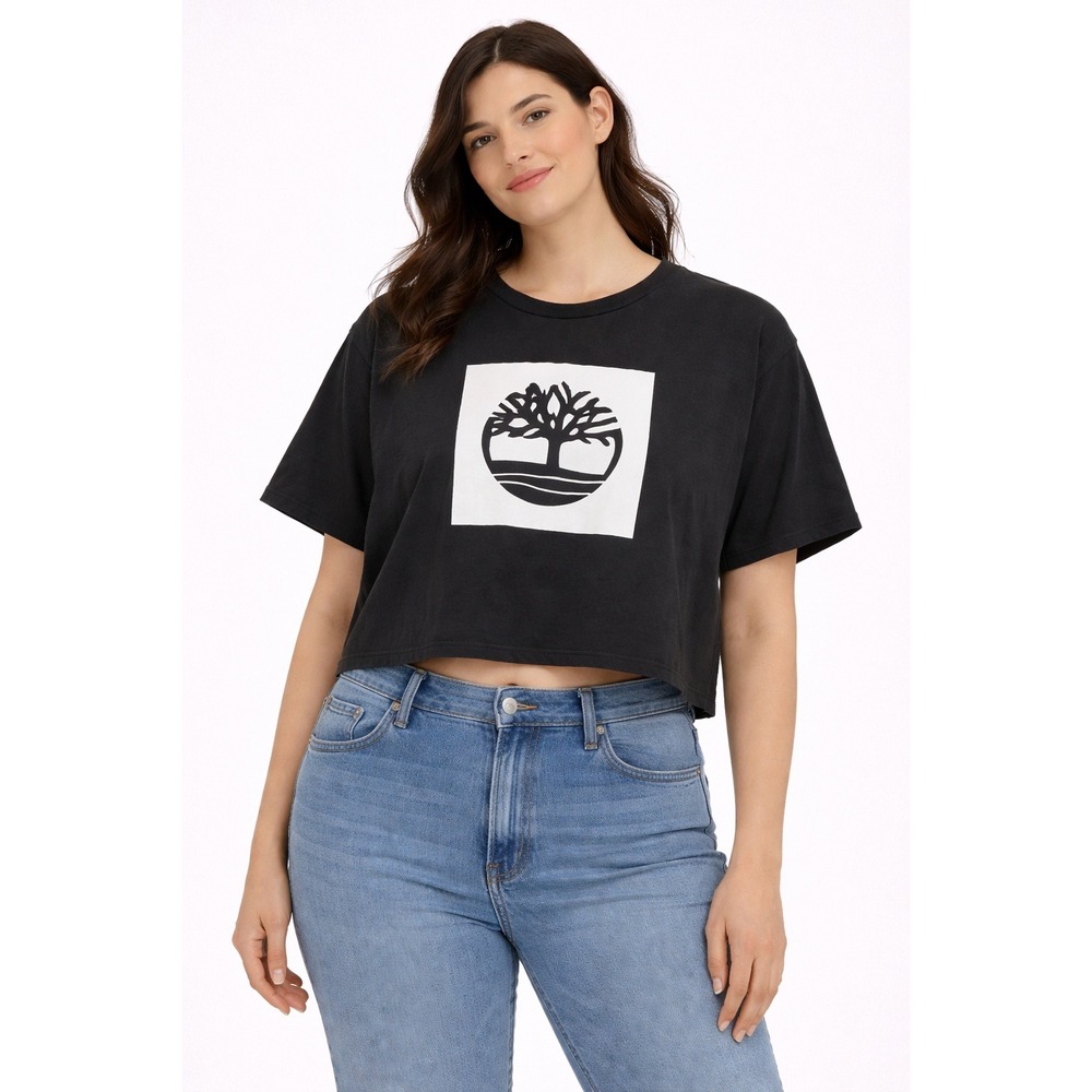Timberland Black Cropped Graphic‎ Print TShirt 100% Organic Cotton - M